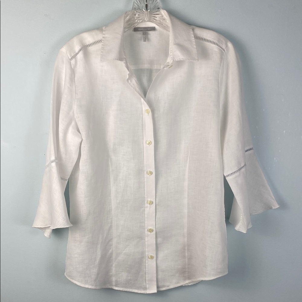 White Bell Sleeve Button Down Shirt with Notched Collar